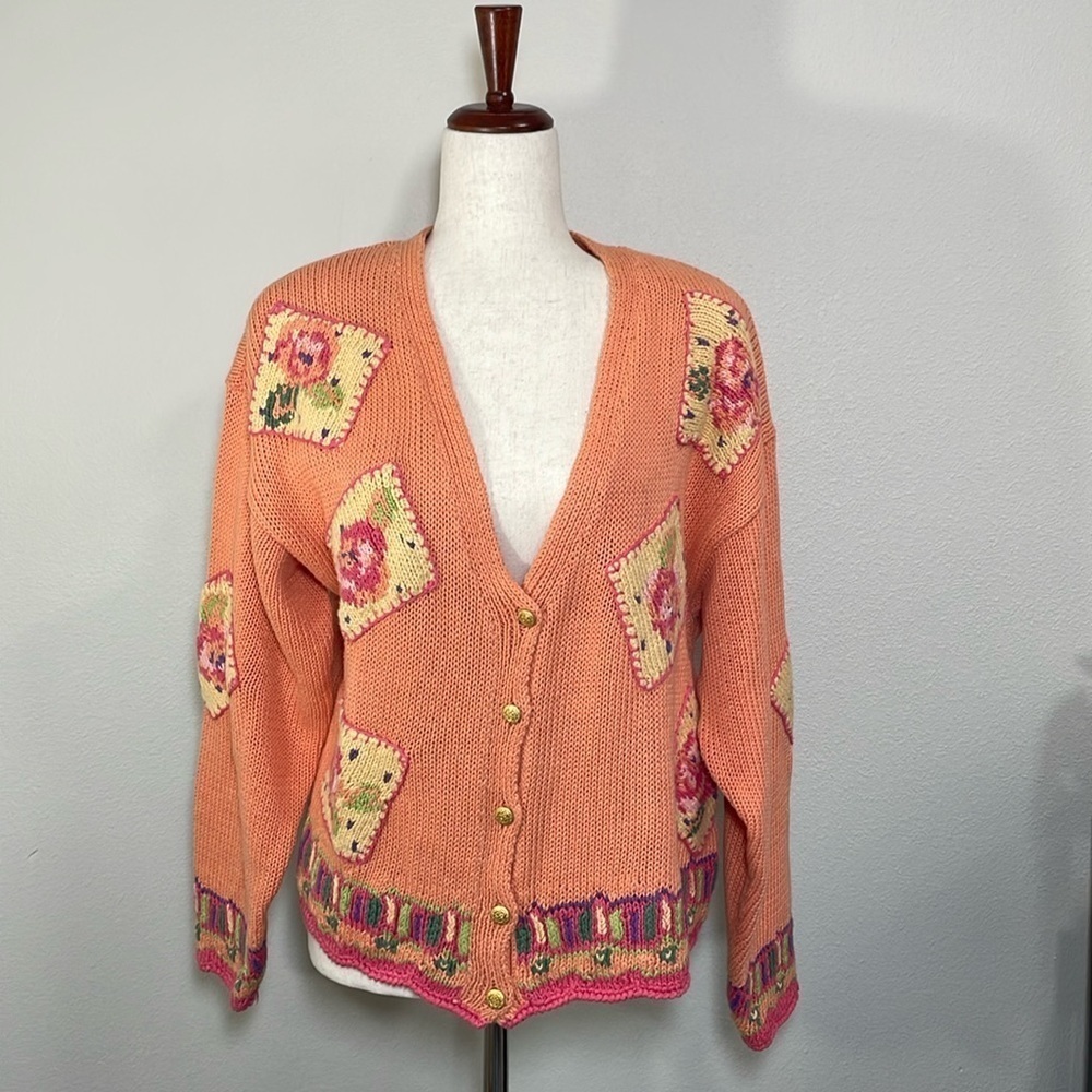 Chunky Sweater Cardigan Vintage Embroidered Floral Cottagecore Granny Large